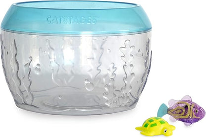 Catstages Meow-smerizing Fish Bowl for Cats with Two Water Cat Toys, Electronic Swimming Fish and Floating Turtle Included, Blue