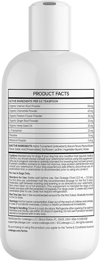 DNA PET K9 Calm+ Liquid Supplement for Dogs – Botanical Blend with Valerian Root, Chamomile, Passion Flower & Hemp Seed Oil – Thiamine & Melatonin - Bacon & Peanut Butter Flavor – 8 fl oz