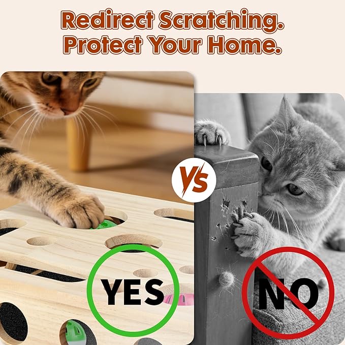 YooxArmor Cat Scratch Puzzle Box, Solid Wood Enrichment Toy with Sandpaper Nail Filer, Stress-Free Claw Care for Indoor Cats