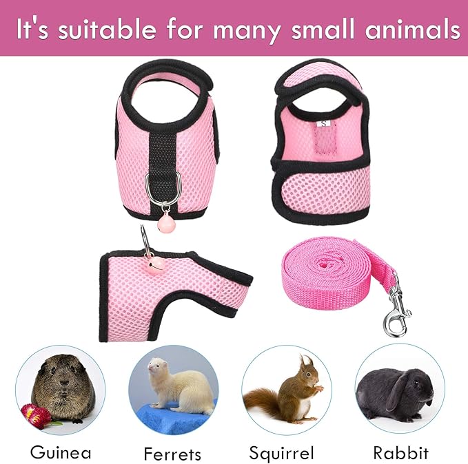 SATINIOR 2 Sets Guinea Pig Harness and Leash Adjustable Soft Mesh Harness Bell No Pulling Comfort Vest for Baby Ferret Rats Hamster Bunny Rabbit Chinchilla and Small Pet(Green, Pink,S)