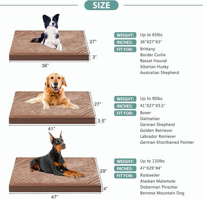 Waterproof XXL Dog Beds Large Sized Dog, Orthopedic Washable Crate Pad 48 inch, Jumbo XXLarge Foam Pet Bed with Removable Cover Reversible, Anti-Slip Kennel Pad, 47"x29", Brown