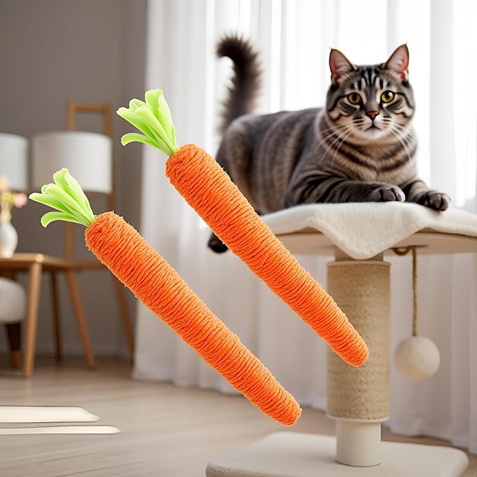 2 Pcs Orange Natural Interactive Sisal Carrot Cat Toys, Cat Dental Chew Toy Kitten Teething Toys for Indoor Cats Interactive Toys for Cats (20cm)