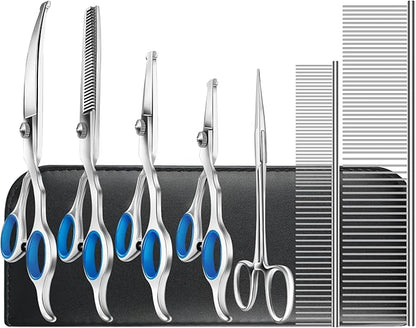 Niura Pet Grooming Scissors Set - Professional Stainless Steel Grooming Kit with Curved, Straight, Thinning, Round Tip Scissors, Combs, Ear Cleaning Hemostat Forceps & Storage Bag
