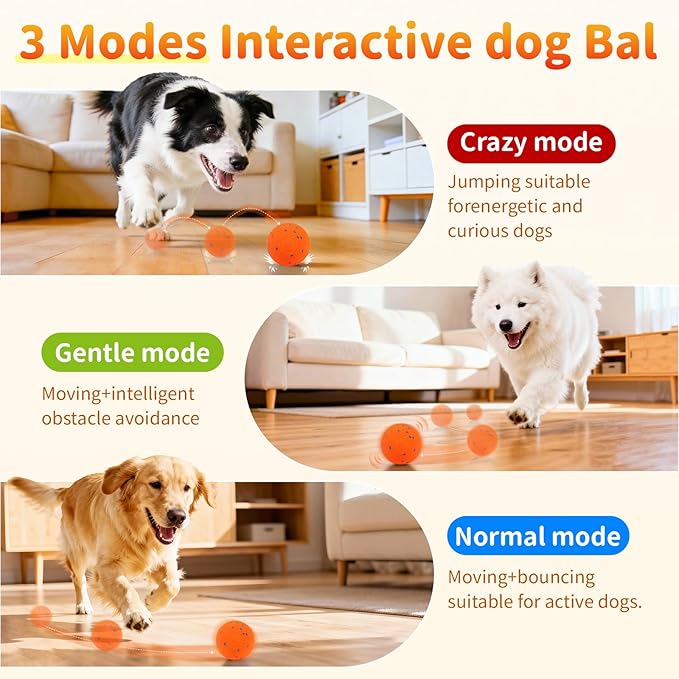 Smart Interactive Dog Toys, Interactive Dog Ball with IPX7 Waterproof, E-TPU Material, Low Noise, Automatic Moving/Bouncing/Rotating for Medium and Large Dogs Indoor & Outdoor Stimulation