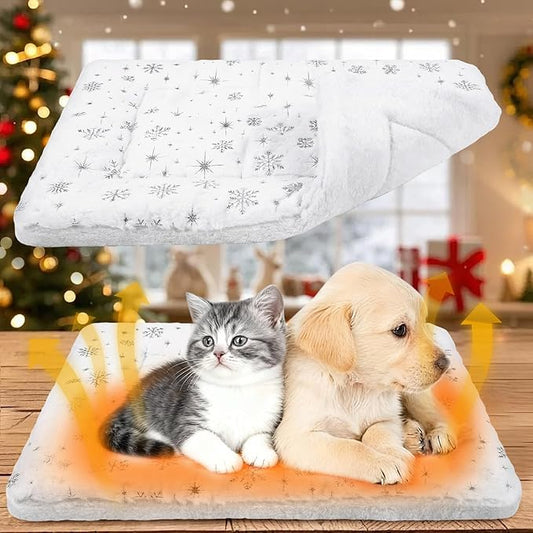 2 Pack Winter Self Warming Cat Mat Snowflake White Self Heating Pad Bed 22" x 18" Reversible Reflects Body Heat Machine Washable Thermal Pet Blanket for Winter Indoor Pet Kitten Dog Crate