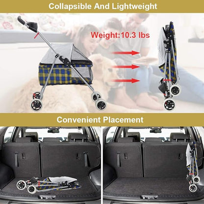 BestPet Pet Stroller 4 Wheels Posh Folding Waterproof Portable Travel Cat Dog Stroller with Cup Holder (Yellow Plaid)