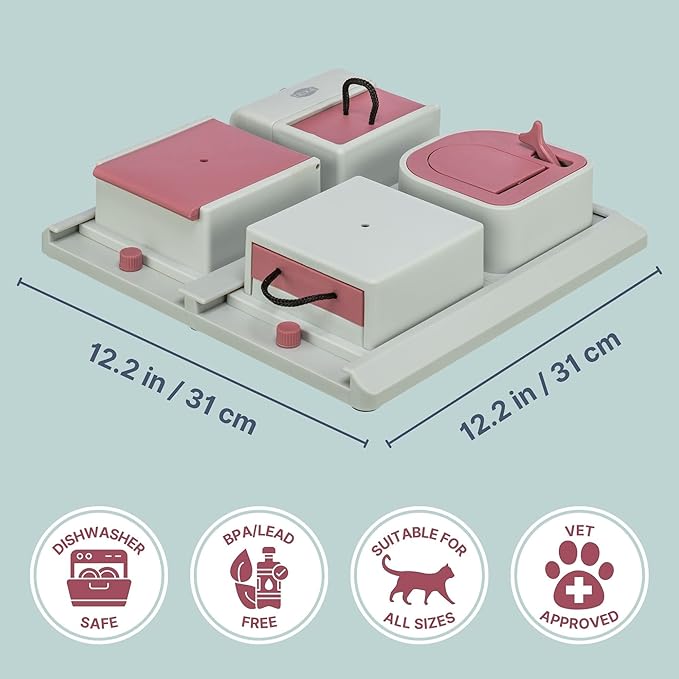 TRIXIE Cat Activity Poker Box Strategy Game – Interactive Puzzle Toy with 4 Modules – Treat Puzzle Feeder for Mental Stimulation & Slow Feeding – Pink/Gray, 12.2 x 12.2 x 2.5 in