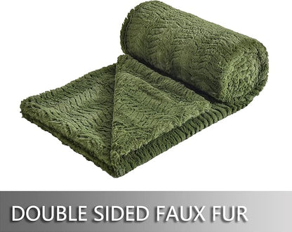 YUSOKI Luxury Faux Fur Blanket for Queen Size Bed 2 Layers,7.3lb,All Ages,Home Decoration Without Pillows (Olive Green,90"x90")