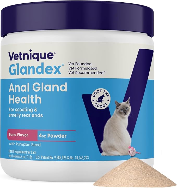 Vetnique Glandex Feline Anal Gland or Daily Probiotic Fiber Supplement Powder for Cats with Digestive Enzyme, Probiotics and Pumpkin, Vet Recommended for Healthy Bowels (4oz, Anal Gland Powder - Tuna)