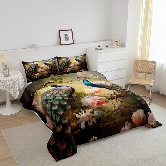 Erosebridal Chic Peacock Bedding Set Twin 3D Jungle Animal Comforter Set Flower Floral Down Comforter Botanical Quilted Duvet Dark Gold Men Women Lady Woodland Wildlife Bedroom Décoration 2 Piece