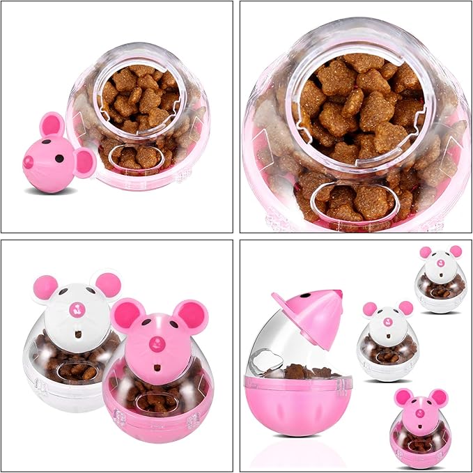 Cat Food Ball Dispenser - 4 Pcs Slow Feeder Mice Shaped Tumbler Toy for Interactive Training (Pink, White)
