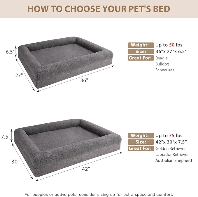 RRPETHOME Washable Dog Beds Large Sized Dog Couch, Extra Large Orthopedic Dogs Beds with Removable Cover, Waterproof Pet Bed with Bolsters, Pet Crate Bed with Non Slip Bottom, XL, Grey