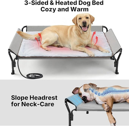 Veehoo Elevated Dog Bed with Plush Heated Mat, Raised Dog Bed with Waterproof Heating Pads for Cats & Dogs Outdoor Indoor, Heated Dog Sofa Bed with Power Line Protection Tube, 47.2" x 31.9", Grey