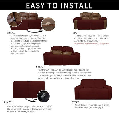Easy-Going 100% Dual Waterproof Recliner Loveseat Cover, 6-Pieces Stretch Relining Sofa Cover with Pocket, Jacquard 2 Seat Sofa Slipcover Leakproof Washable (Loveseat, Wine)
