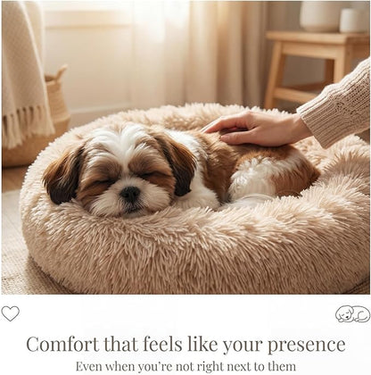 Calming Donut Dogs Beds for Small Dogs Washable,23inch Plush Round Pet Bed for Cozy Sleep,Fluffy Faux Fur Large Cat Bed,Fits up to 25 lbs Pets,Beige