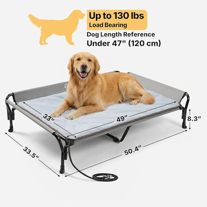 Veehoo Elevated Dog Bed with Plush Heated Mat, Raised Dog Bed with Waterproof Heating Pads for Cats & Dogs Outdoor Indoor, Heated Dog Sofa Bed with Power Line Protection Tube, 50.4" x 33.5", Grey