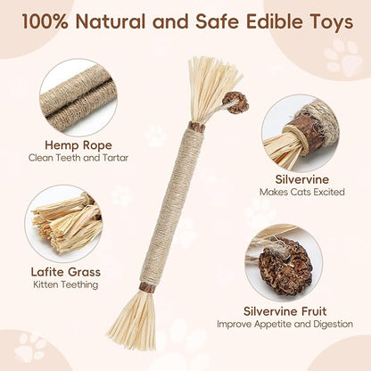 5 Pack Silvervine Sticks Cat Toys, Natural Chew Kitten Teething Toys for Cleaning, Matatabi Catnip Treat Toys, Catmint Silver Vine Sticks for Bored Indoor Kitty