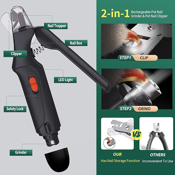CATPICK 2-in-1 Cat Nail Clippers & Dog Nail Clippers Trimmers for Large Medium Small Dogs Cats Claw Trimmer Quick Sensor and Safety Guard USB Rechargeable with 2 LED Lights Dogs Nail Trimmer