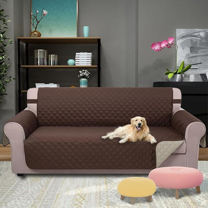 U-NICE HOME 4 Seater Sofa Cover 91 Inch Large Couch Covers for 4 Cushion Couch with Elastic Straps Water Resistant Furniture Protector Cover for Pets Cat (Sofa XX-Large, Coffee/Beige)