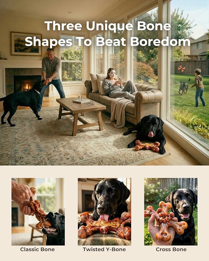 3 Pack Indestructible Dog Toys for Aggressive Chewers, Bacon Flavored Nylon Chew Bones, Tough Durable for Large Dogs 20-90 lbs