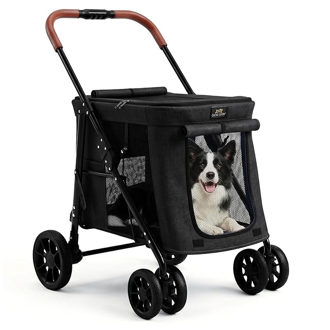 CANINE CANYON Scout Pet Stroller, Heavy Duty Dog Stroller for Small & Medium Dogs, Foldable Pet Stroller with All-Terrain Wheels, Breathable Mesh, Storage Pocket & Cup Holder, 55 lbs Capacity, Black