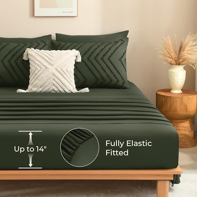 Litanika Oversized King Size Comforter Set with Sheets Olive Green - 7 Pieces Bed in a Bag Oversized King Boho Tufted Complete Bedding Sets with Comforter, Sheets, Pillowcases & Shams