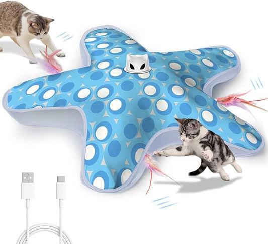 Rechargeable Interactive Cat Toys, Automatic Cat Toy for Indoor Cats, Durable Hide and Seek Cat Toy with Moving Concealed Feathers, Touch Activated Kitten Toys Cat Exercise Toys, Blue White Cover