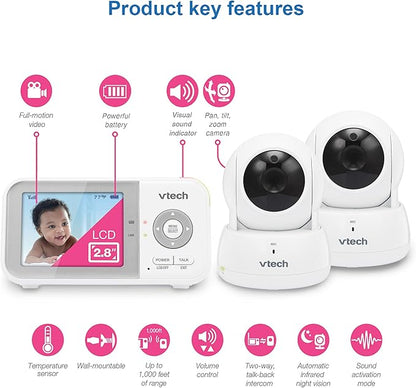 VTech VM923-2 Baby Monitor, 2.8”Screen, 1000ft Range, Pan-Tilt-Zoom, Night Vision, 2-Way Audio, Temperature Sensor, Lullabies, Secured Transmission No WiFi