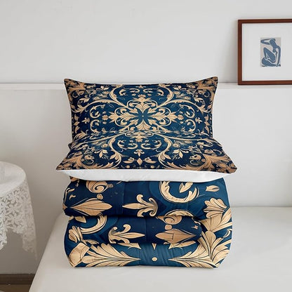 Erosebridal Paisley Comforter Set King Flower Bedding Set, Navy Blue Beige Bedding Comforter Sets Golden Floral Duvet, Bohemian Hippie Quilted Comforter Teen Adults Bedroom Décor, Lightweight 3pcs