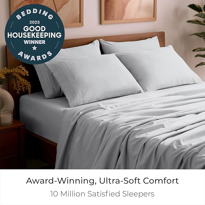 Mellanni Split King Sheet Set - 7-Piece Iconic Collection Bedding, (Including 4 Pillowcases), 16-Inch Deep Pocket, Easy Care, Extra Soft, Cooling Sheets, Brushed Microfiber - Light Gray