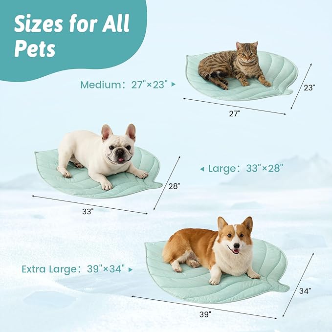 COZY KISS Dog Cooling Mat, Q-Max > 0.4 Leaf Shaped Pet Pad, Liquid Pee Proof Summer Mat for Cats, Washable Sleep Blanket for Bed Couch Floor Indoor, 27x23 inch, Green