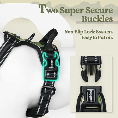 rabbitgoo Dog Harness No Pull with 2 Leash Clips, Adjustable Soft Padded, Reflective Oxford No Choke Pet Vest with Easy Control Handle for Large Dogs, Green Mountain, M