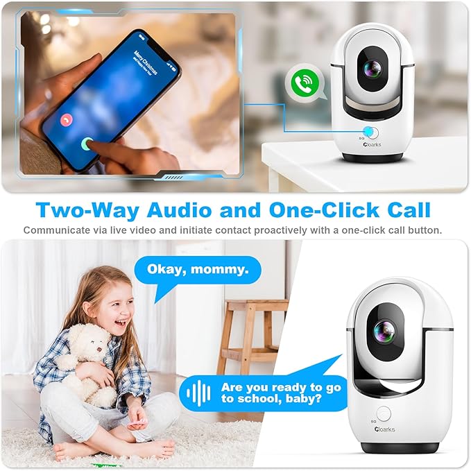 Cloarks 2K Indoor Camera, 5/2.4 GHz WiFi Pan/Tilt Security Camera with AI Motion Detection, One-Click Call for Baby Monitor, Wired Pet Camera with 2-Way Audio, 24/7, Siren Alarm, TF/Cloud Storage
