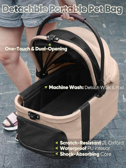 Small Dog Stroller, Pet Stroller for Small Dogs, 5-in-1 Dog Strollers - Fold All in One Without Detaching Carrier, Pet Strollers with Removable Waterproof Carrier for Dogs Cats 10 lbs 20 lbs - Khaki