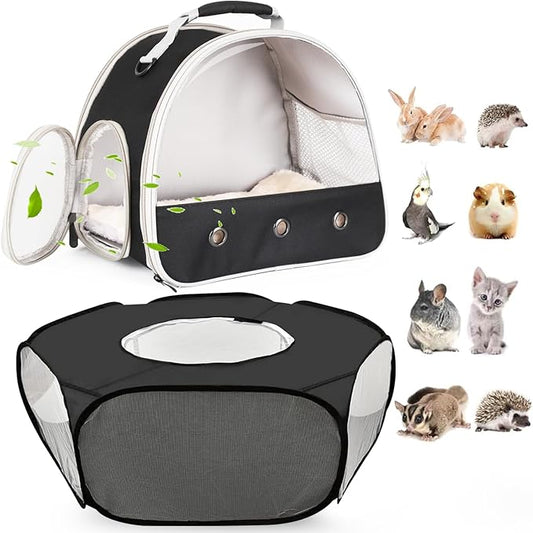 2-Pack Guinea Pig Carrier Backpack and Playpen with Lid, Breathable Pet Pen Excercise Fence, Portable Travel Cage for Bunny, Bearded Dragon, Rabbits, Hamster, Chinchillas, Sugar Glider, Squirrel