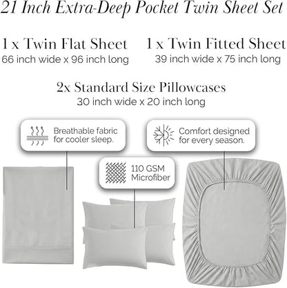 Southshore Fine Living, Inc. Twin Sheets Set, Extra Deep Pockets, 4-Piece Hotel Quality Grey Sheets with 21" Deep Pocket Twin Fitted Sheet, Oversize Flat Sheet, 2 Standard Pillowcases, Light Grey