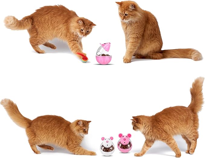 Cat Food Ball Dispenser - 4 Pcs Slow Feeder Mice Shaped Tumbler Toy for Interactive Training (Pink, White)
