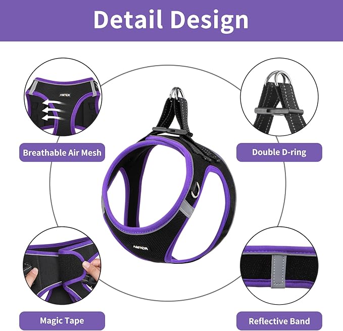 AMTOR Small Dog Harness with Leash Set, No Escape Easy Walk Puppy Harnesses for Training Walking, Step-in Reflective Soft Dogs Vest for XS S Medium Extra-Small Large Sized Dog(XS,Black/Purple)