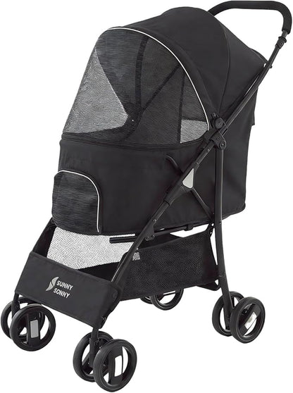 4 Wheels Pet Stroller,Easy-Foldable Dog Cat Cage Jogger Stroller with Weather Cover for All-Season,Storage Basket and Visible Mesh for Small/Medium Pets up to 33lbs (Black)