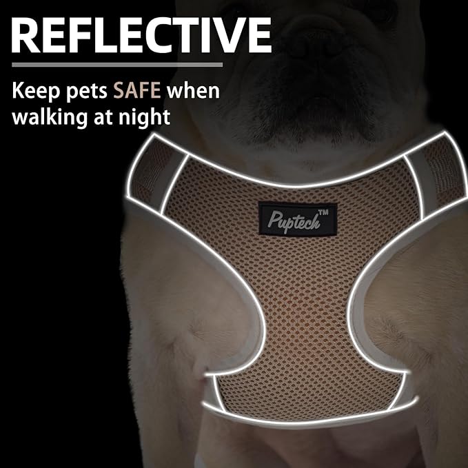 PUPTECK Small Dog Harness and Leash Set, No Pull Adjustable Puppy Cat Harness, Reflective Soft Mesh Pet Vest Small Sized, Khaki, S