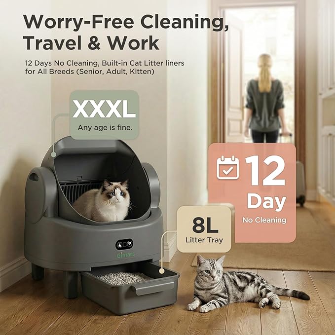 Gimars Open Top Design Self Cleaning Litter Box, Automatic Cat Litter Box for Multiple Cats & Senior Cats, App Control with Safety Sensors, Low Odor, Includes Trash Bags & Litter Mat