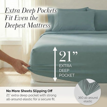 Southshore Fine Living, Inc. 7-Piece Split King Sheets Sets for Adjustable Bed, 21-Inch Deep Pocket King Sheet Set, Microfiber Sheet Set, Luxury Bedding, Blue Pillow Cases, Steel Blue Sheets