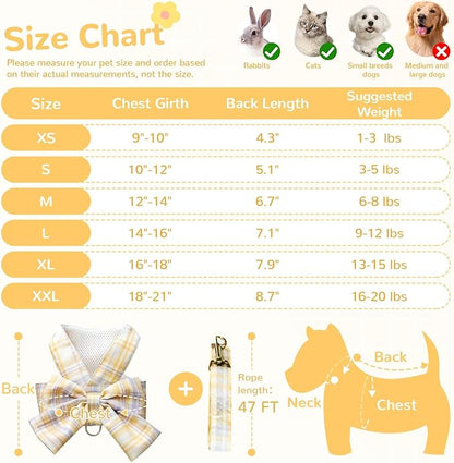 Cute Dog Harness and Leash Set with Bow Tie Soft Mesh Plaid Girl Puppy Harness No Pull Pet Cat Dog Vest Harness for Small Dogs Chihuahua Rabbit Outfit (Yellow,M)