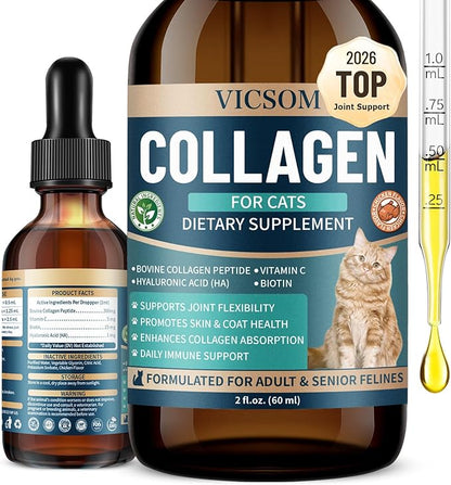 Liquid Collagen for Cats, Cat Collagen Drops with Bovine Collagens, Biotin & Vitamin C, Mobility & Flexibility, Itch Relief, Skin, Coat & Immunity Support, Cat Joint Supplement for Cats