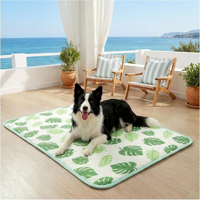 Dog Cooling Mat for Dogs & Cats, Soft Breathable Cooling Pad for Dog Bed, 35"x28" Self Cooling Crate Mat for Dogs, No Gel Washable Non-Slip Pet Cooling Mat Indoor Outdoor, Leaf