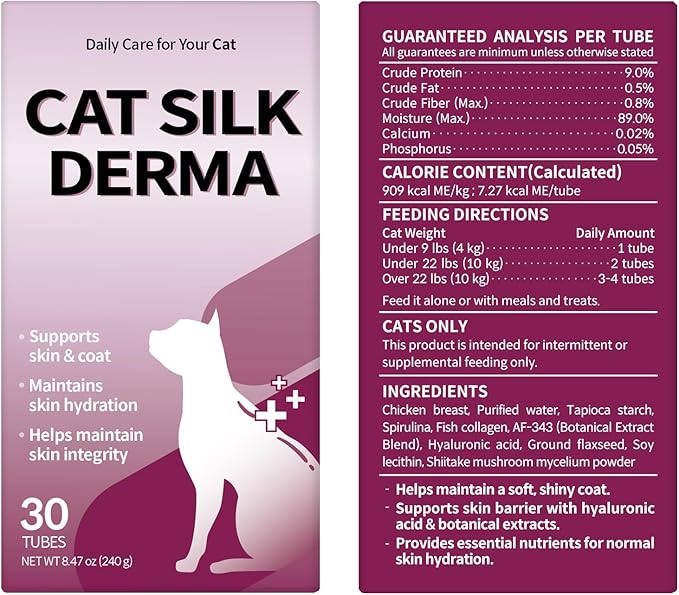 Doctor By Cat Silk Derma Skin and Coat Supplement for Cats Itch Skin Relief, Dandruff Treatment Scab, Overgrooming, Allergy Relief for Cats 30 lickable Formula Individually Packaged, Chicken(1 Pack)