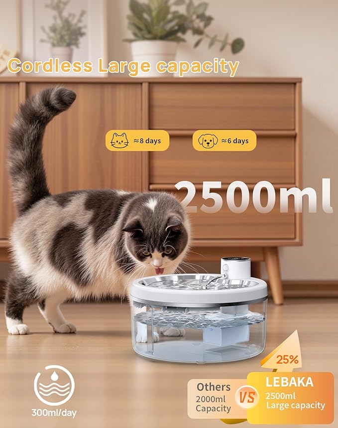 Wireless Cat Water Fountain with Stainless Steel Tray, 84oz/2.5L Pet Fountain for Cats Inside, Cat Fountain for Drinking with Motion Sensor, Ultra Quiet Pump for Pets&Small Animals (84oz+2Filters)