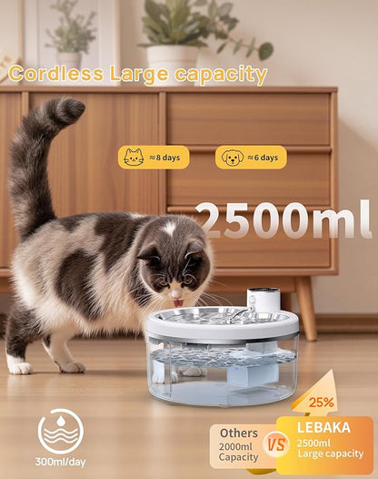 Wireless Cat Water Fountain with Stainless Steel Tray, 84oz/2.5L Pet Fountain for Cats Inside, Cat Fountain for Drinking with Motion Sensor, Ultra Quiet Pump for Pets&Small Animals (84oz+2Filters)
