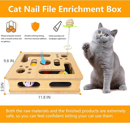 Cat Scratch Puzzle Enrichment Box,Cat Nail File Enrichment Box,No Assembly Required,Built-in Sandpaper Trims Your pet's Claws as They Play(Burlywood Color)