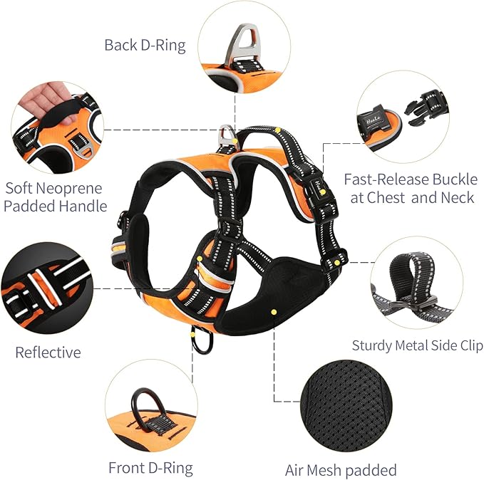 HEELE Dog Harness, No Pull Adjustable Padded Reflective Harness for Small Medium Large Dogs with Handle for Walking Training, Orange, M
